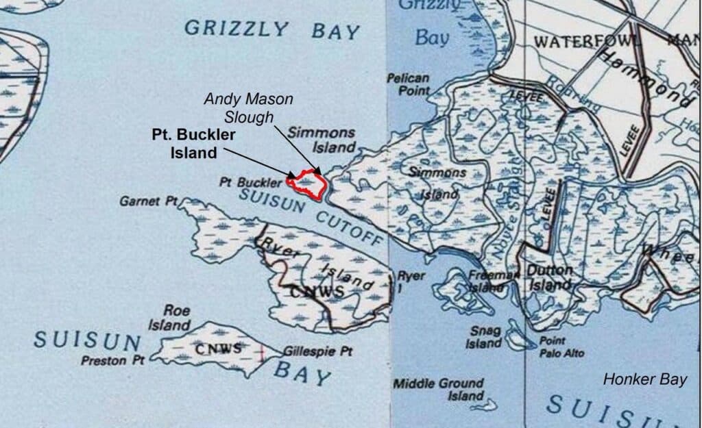 Suisin Bay map showing location of Point Buckler Island