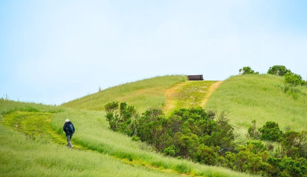 Scenic trail bench overlooking rolling hills and valleys